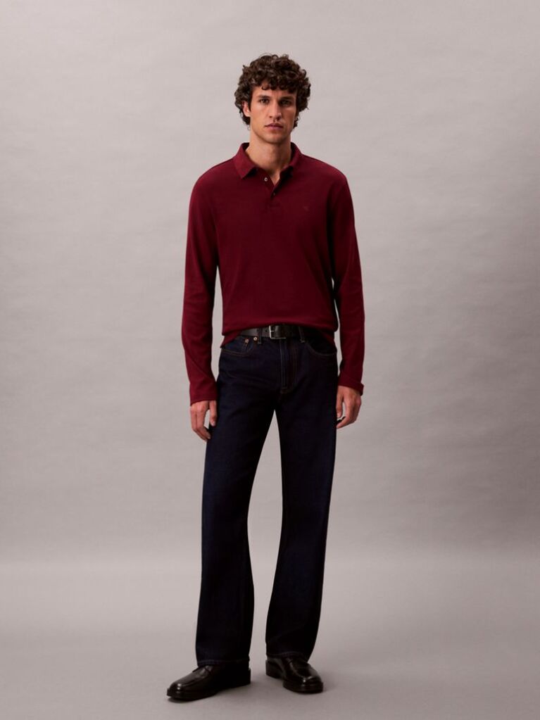 Red Supima Cotton Long Sleeve Polo Shirt  Men