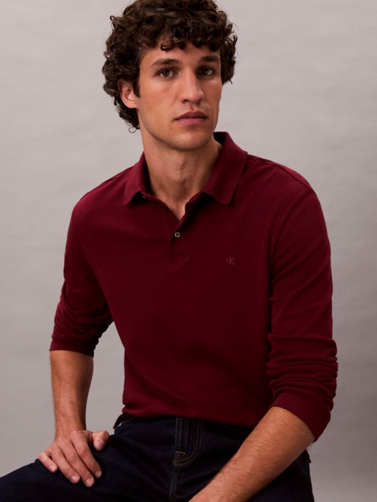 Red Supima Cotton Long Sleeve Polo Shirt  Men