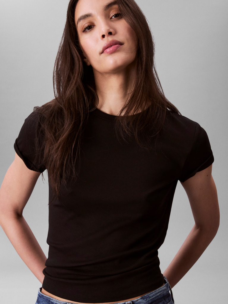Negru Tricou Cu Maneca Scurta Si Guler Rotund Din Supima  Femei