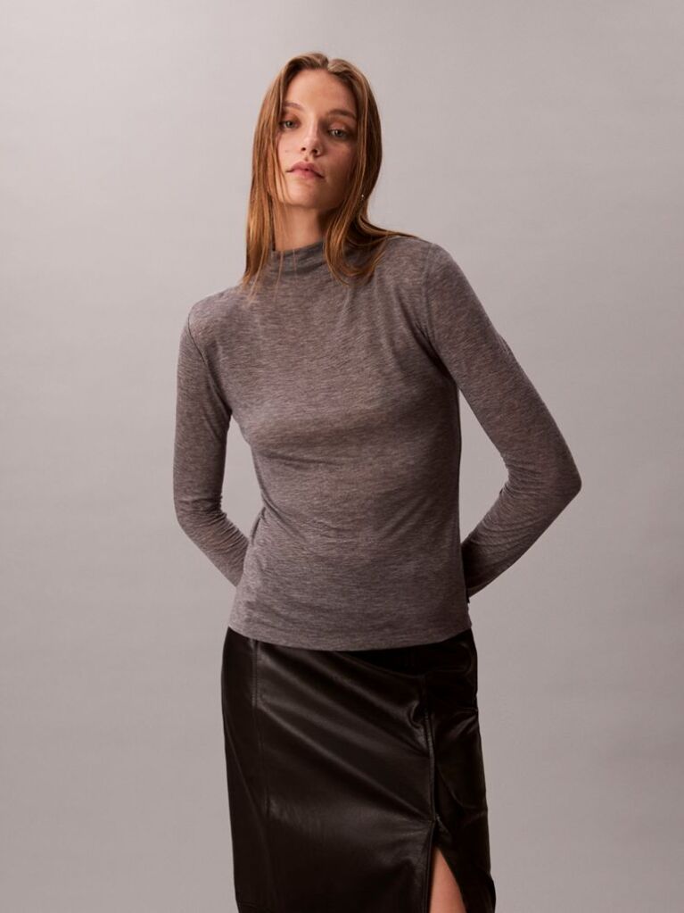 Gri Top Slim Cu Guler Mock  Femei