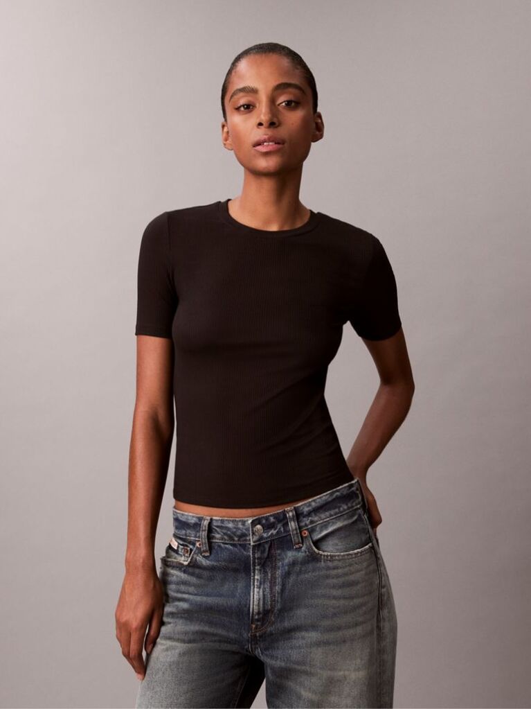 Negru Tricou Slim Din Modal Reiat  Femei