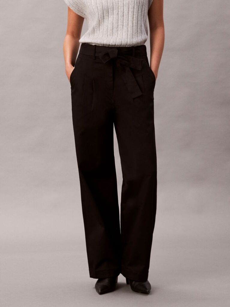 Black Cotton Twill Belted Trousers  Women