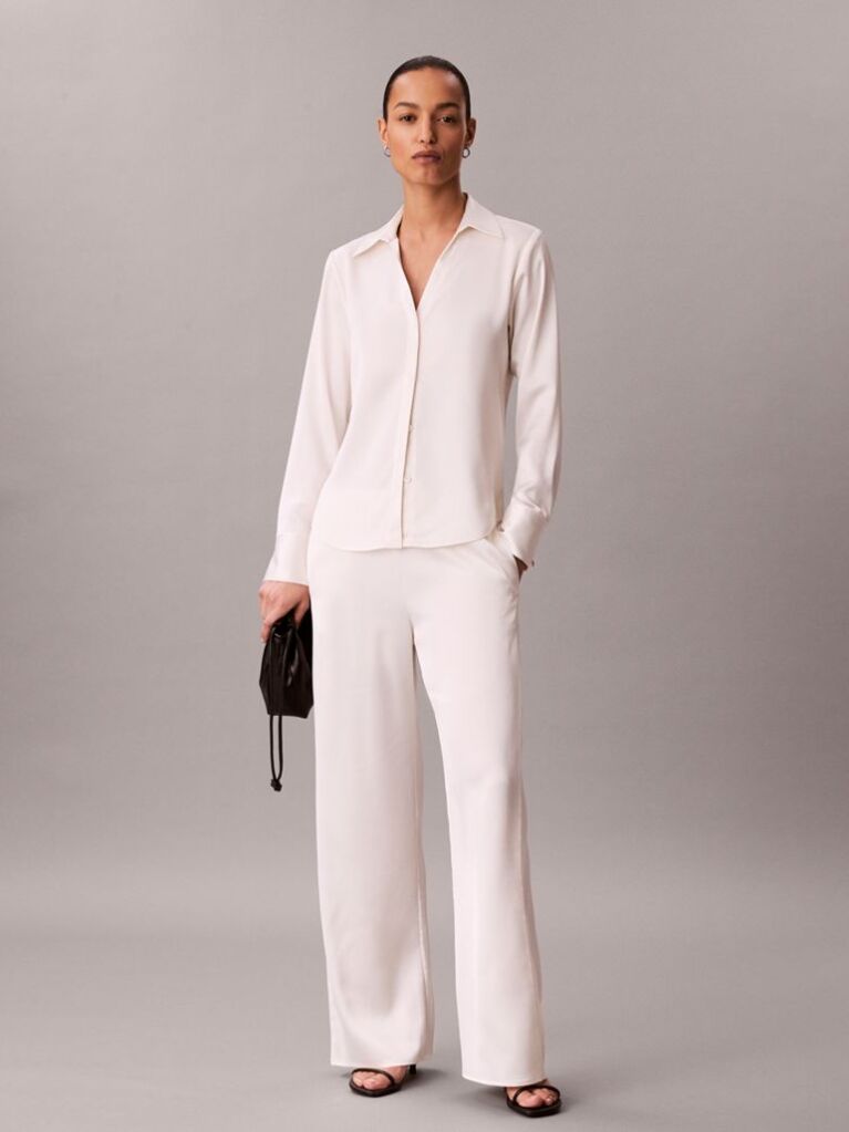 Alb Camasa Slim Din Satin Texturat  Femei