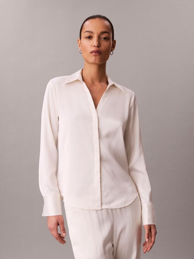 Alb Camasa Slim Din Satin Texturat  Femei