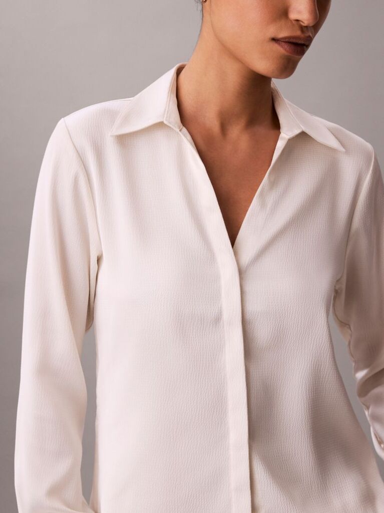 Alb Camasa Slim Din Satin Texturat  Femei