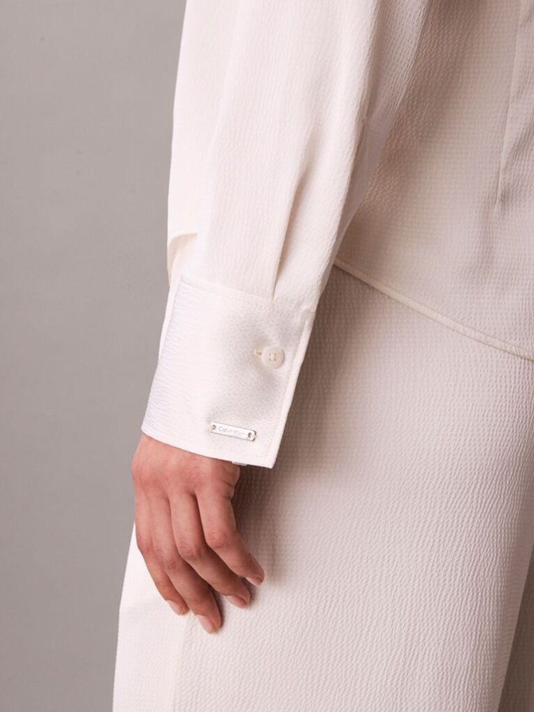 Alb Camasa Slim Din Satin Texturat  Femei