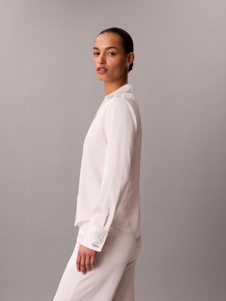 Alb Camasa Slim Din Satin Texturat  Femei