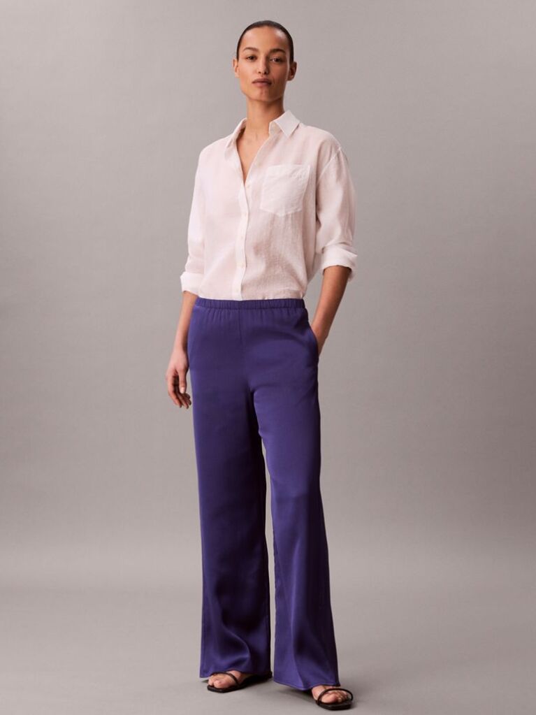 Albastru Pantaloni Din Satin Cu Textura Hammered  Femei