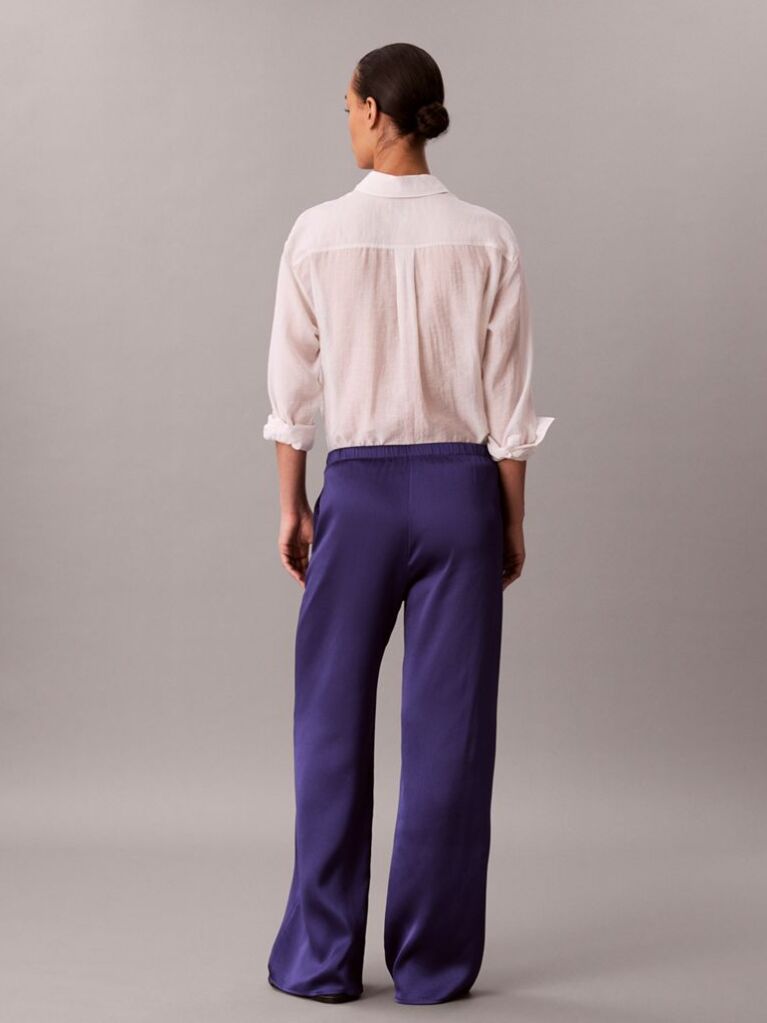 Albastru Pantaloni Din Satin Cu Textura Hammered  Femei