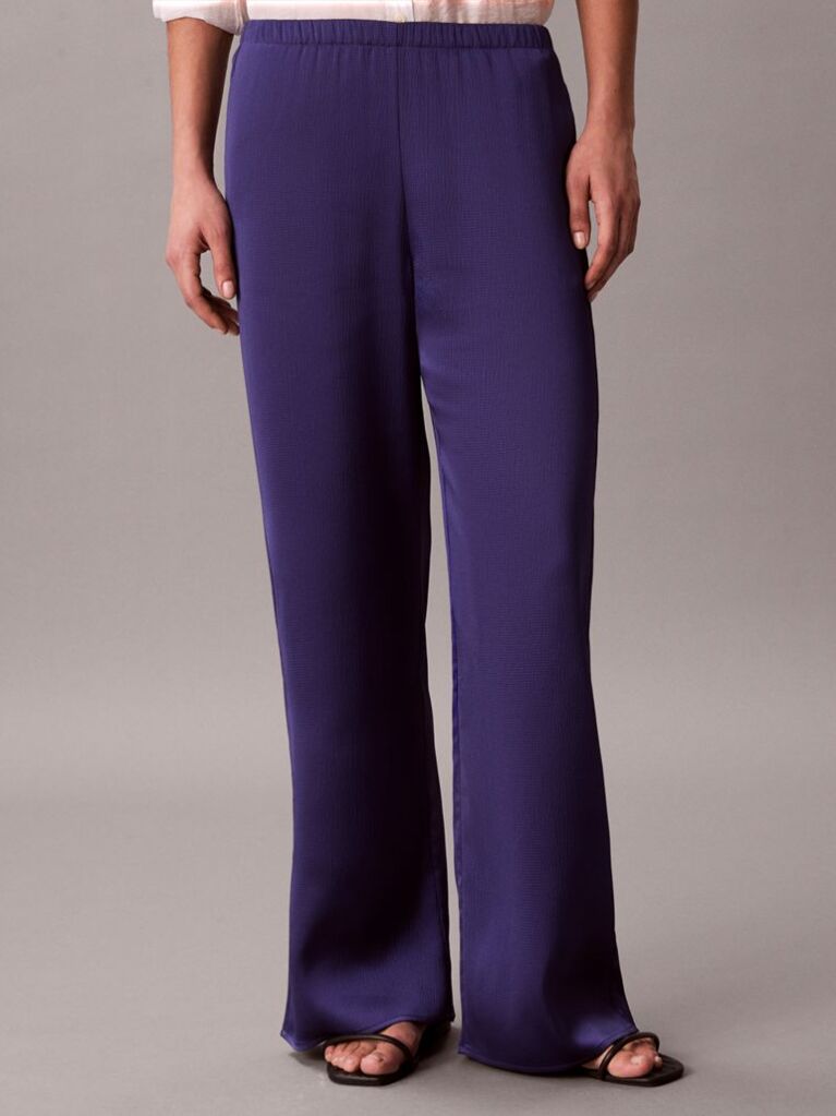 Albastru Pantaloni Din Satin Cu Textura Hammered  Femei
