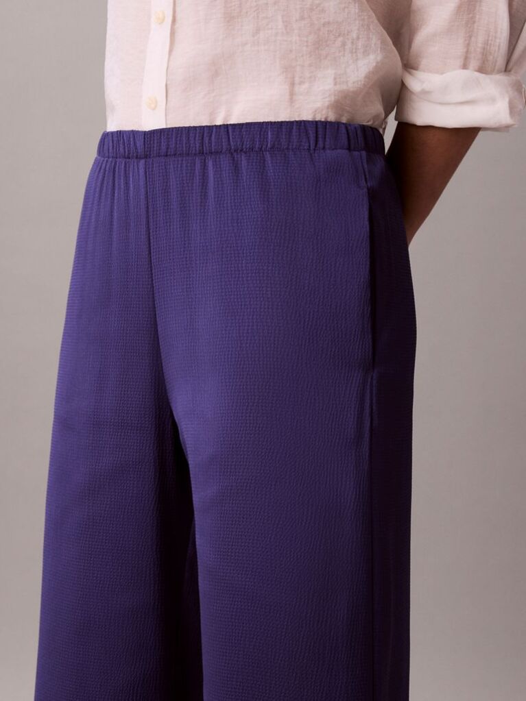 Albastru Pantaloni Din Satin Cu Textura Hammered  Femei