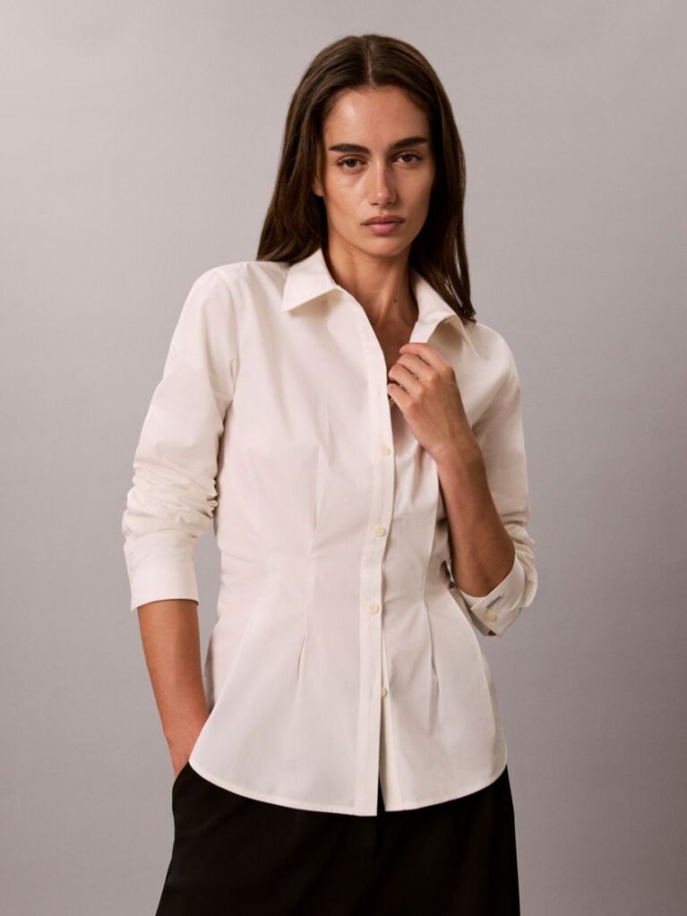 Alb Camasa Cambrata Din Poplin, Cu Pliuri Decorative  Femei