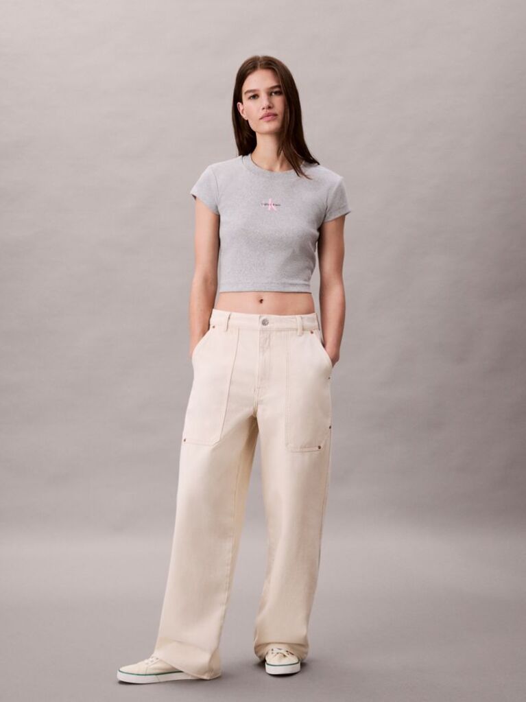 Gri Tricou Slim Cropped Cu Monograma  Femei