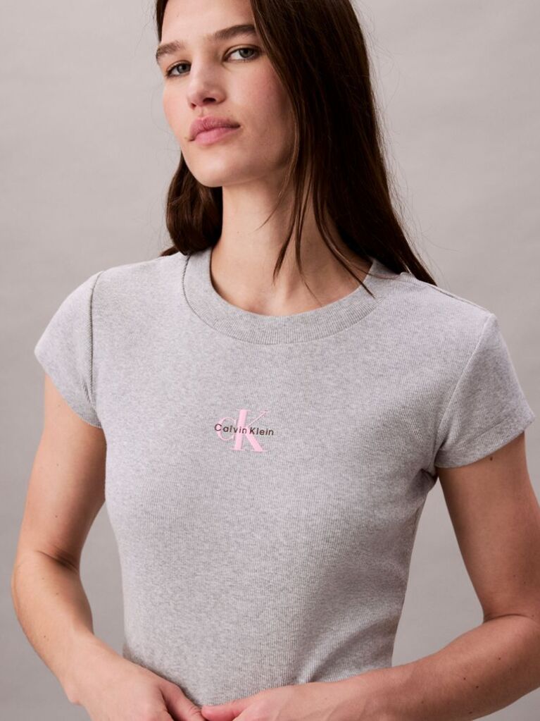 Gri Tricou Slim Cropped Cu Monograma  Femei