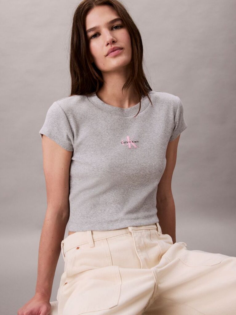 Gri Tricou Slim Cropped Cu Monograma  Femei