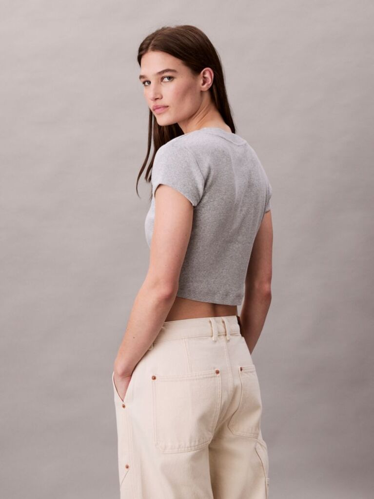 Gri Tricou Slim Cropped Cu Monograma  Femei