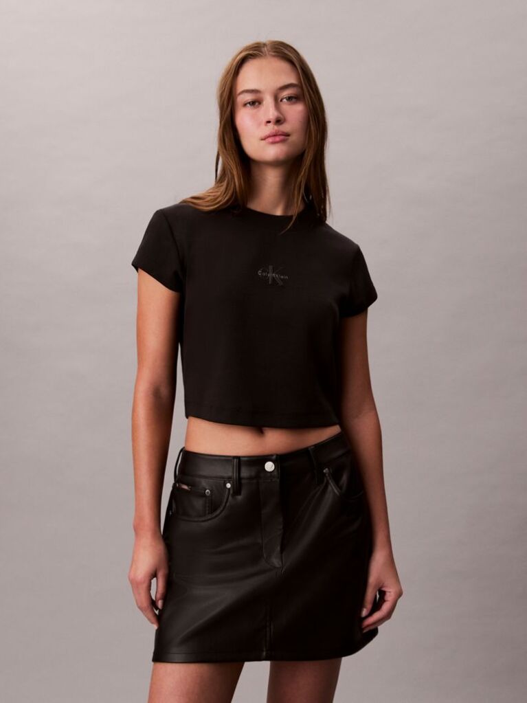 Negru Tricou Slim Cropped Cu Monograma  Femei