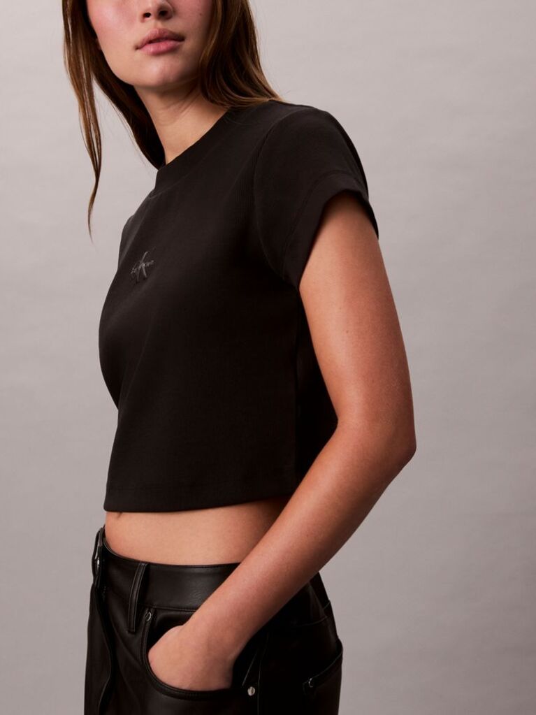 Negru Tricou Slim Cropped Cu Monograma  Femei