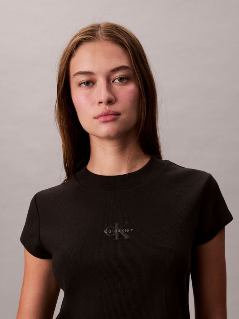 Negru Tricou Slim Cropped Cu Monograma  Femei