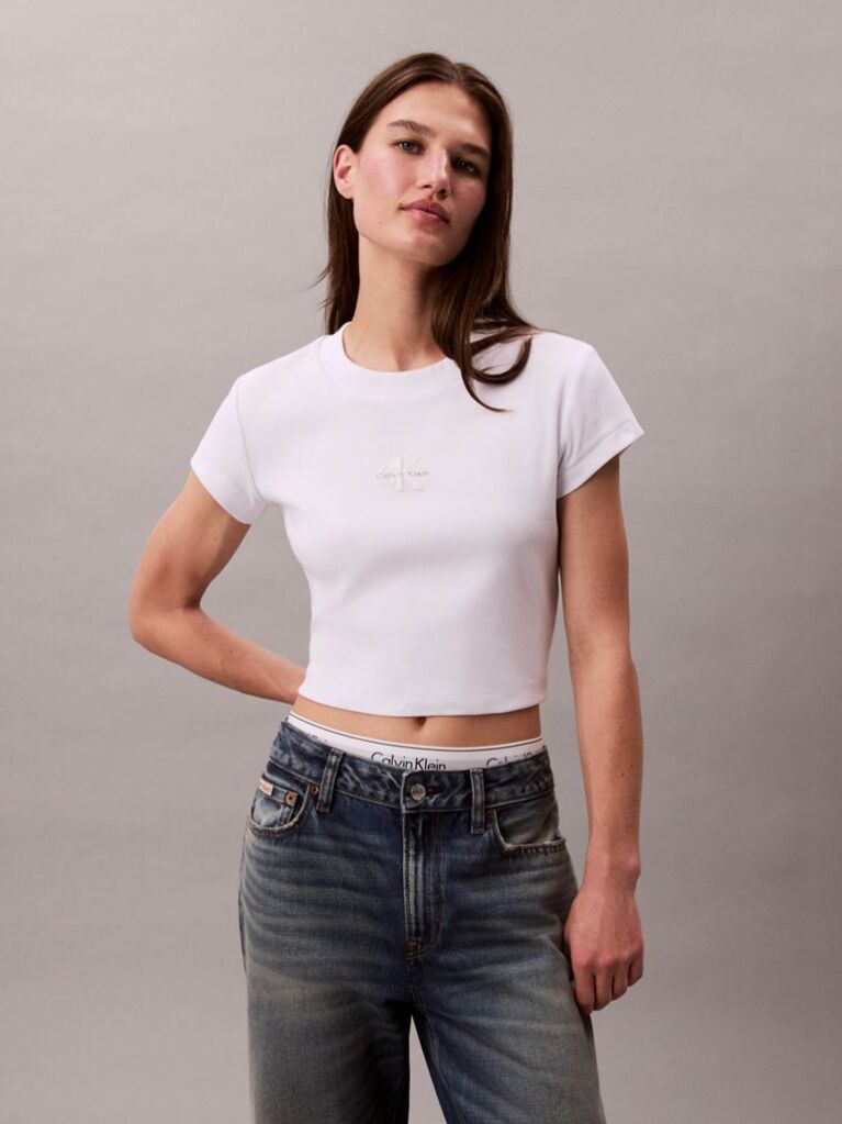 Alb Tricou Slim Cropped Cu Monograma  Femei