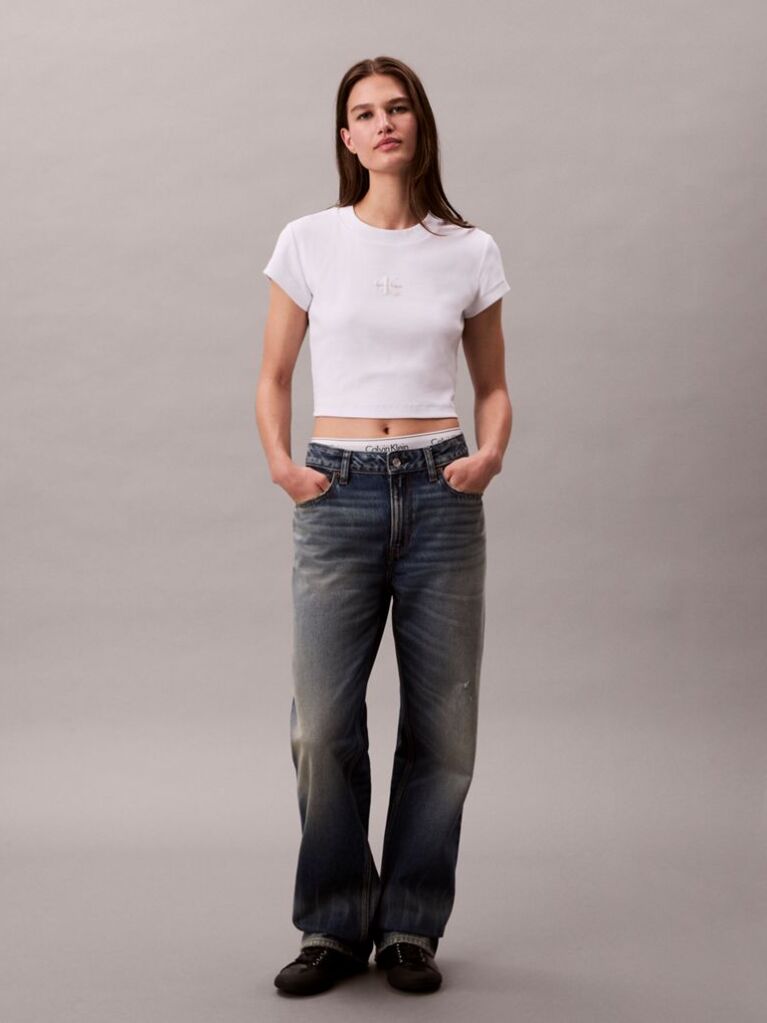Alb Tricou Slim Cropped Cu Monograma  Femei