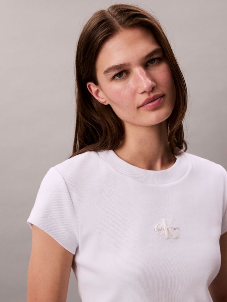 Alb Tricou Slim Cropped Cu Monograma  Femei