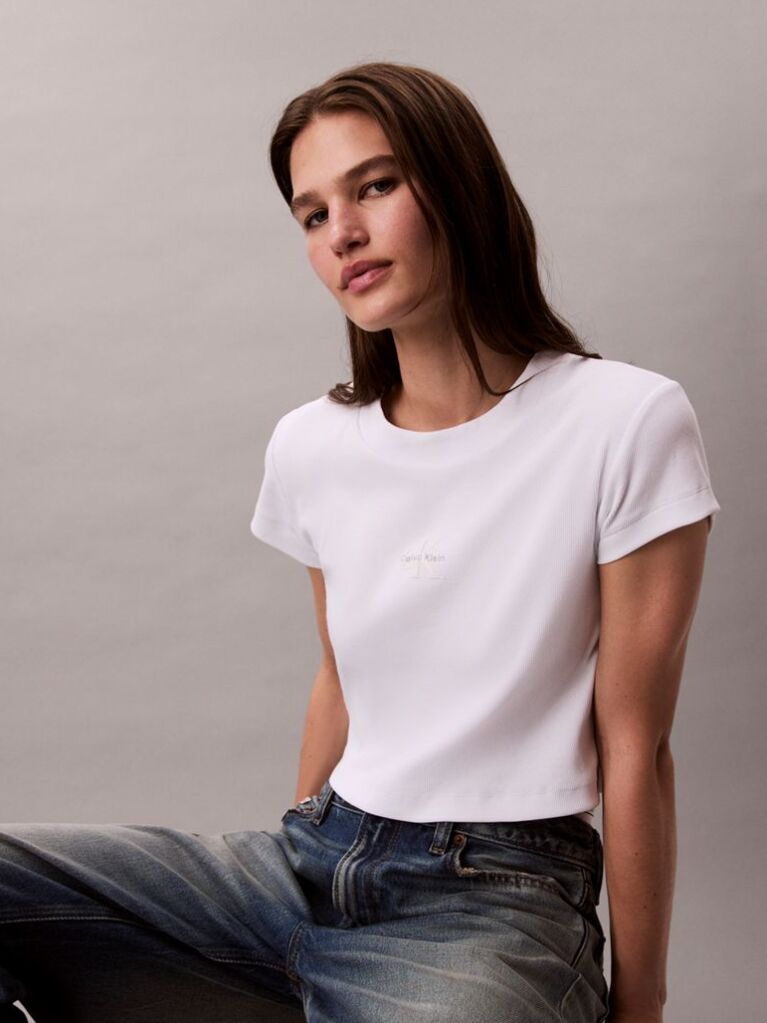 Alb Tricou Slim Cropped Cu Monograma  Femei