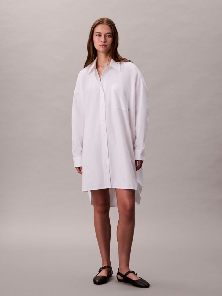 Alb Rochie Mini Oversized Din Bumbac   Femei