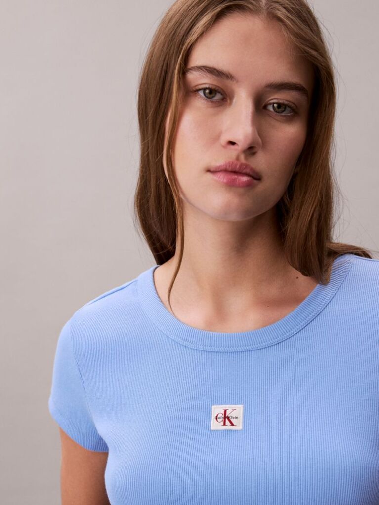 Albastru Tricou Slim Din Bumbac Reiat Cu Emblema  Femei