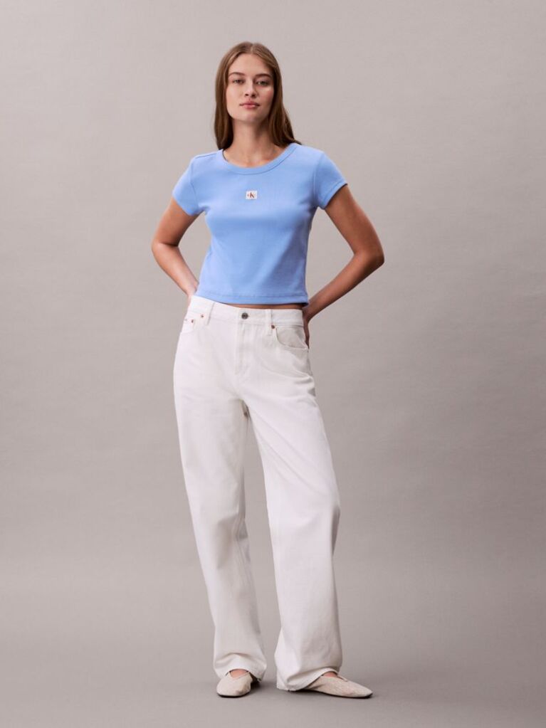 Albastru Tricou Slim Din Bumbac Reiat Cu Emblema  Femei