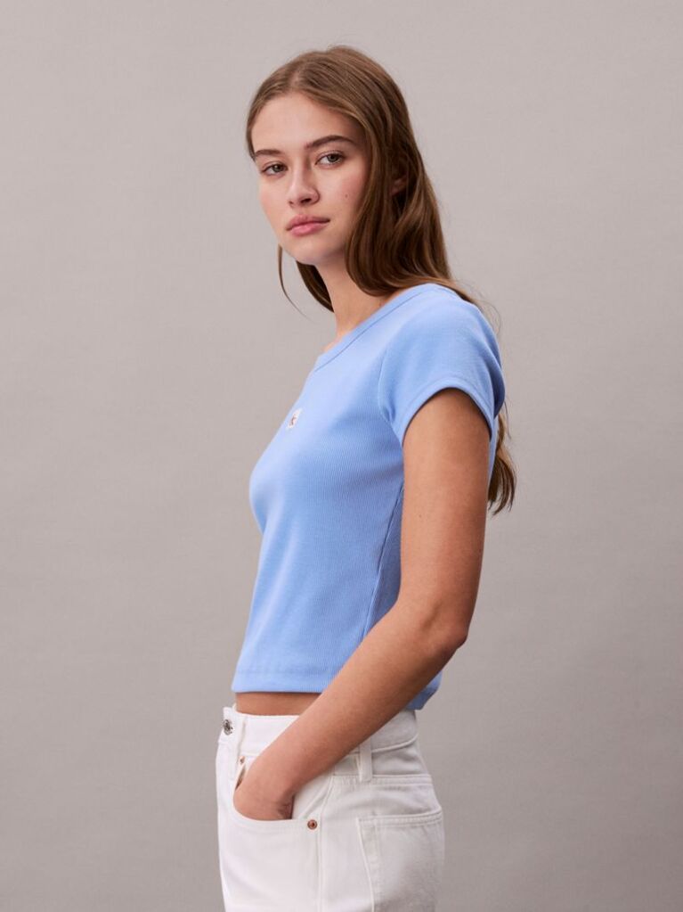 Albastru Tricou Slim Din Bumbac Reiat Cu Emblema  Femei