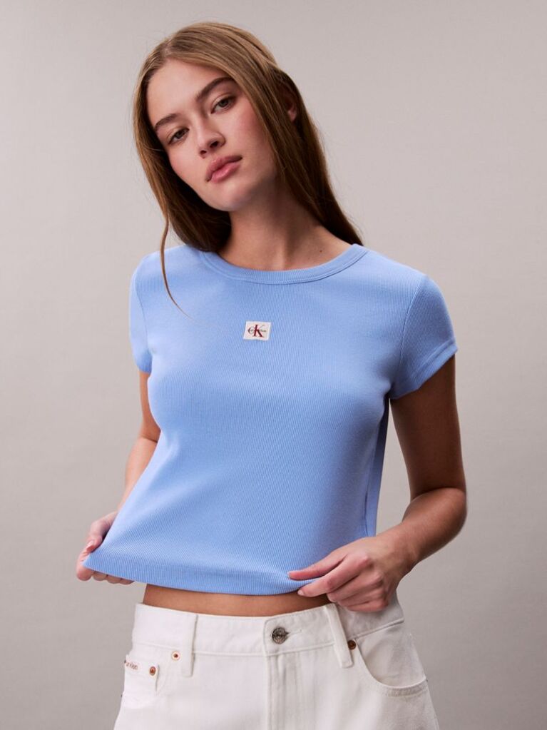 Albastru Tricou Slim Din Bumbac Reiat Cu Emblema  Femei