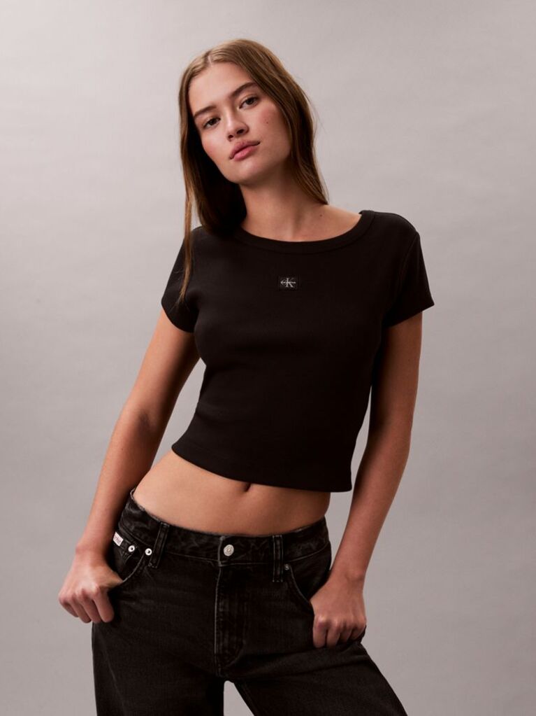 Negru Tricou Slim Din Bumbac Reiat Cu Emblema  Femei