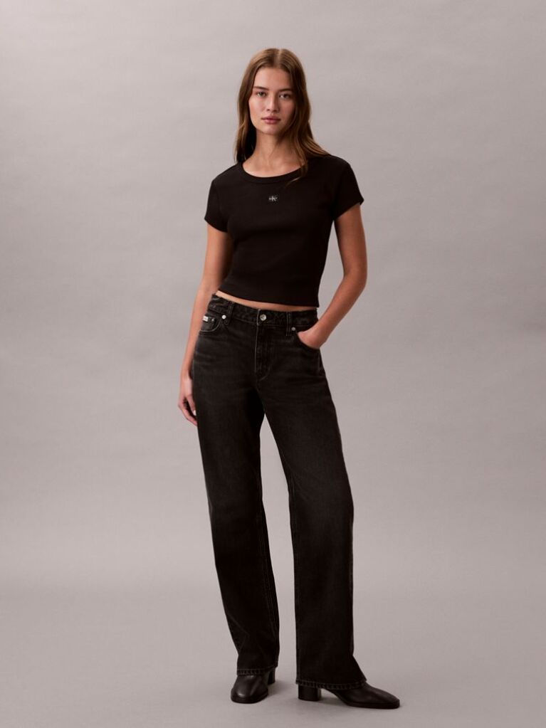 Negru Tricou Slim Din Bumbac Reiat Cu Emblema  Femei