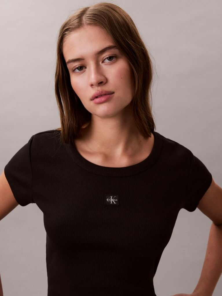 Negru Tricou Slim Din Bumbac Reiat Cu Emblema  Femei