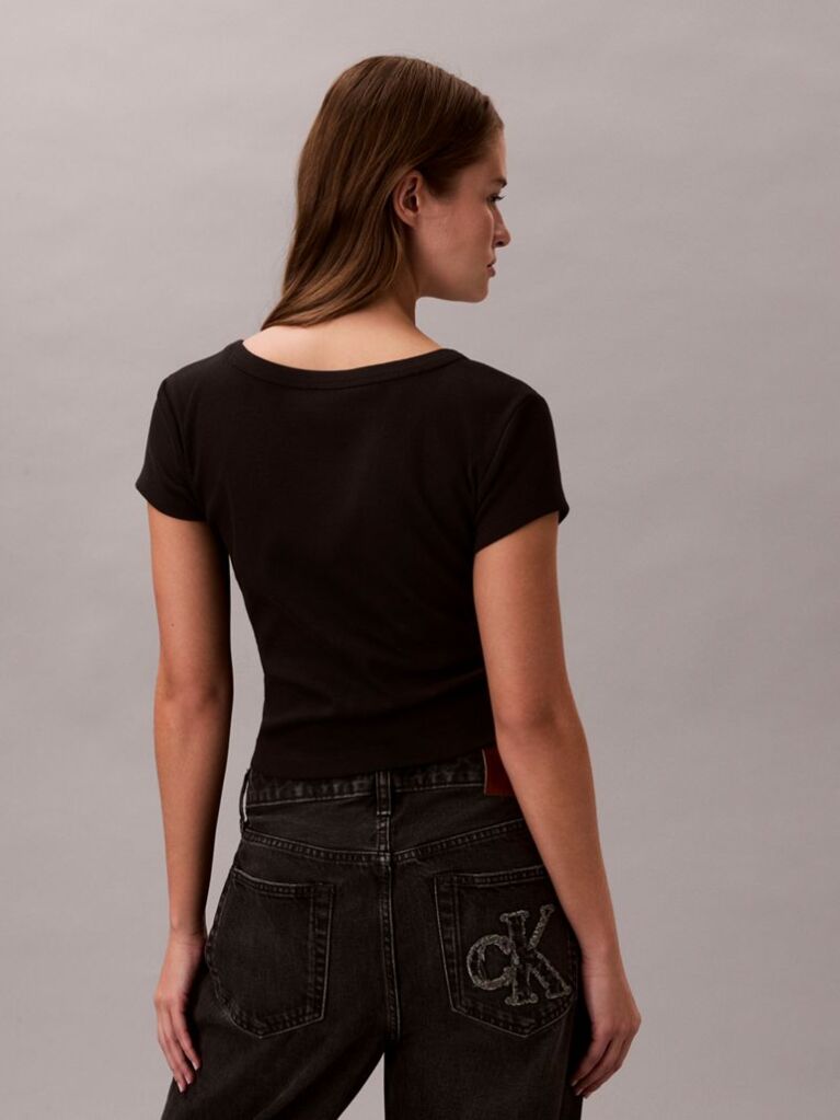 Negru Tricou Slim Din Bumbac Reiat Cu Emblema  Femei