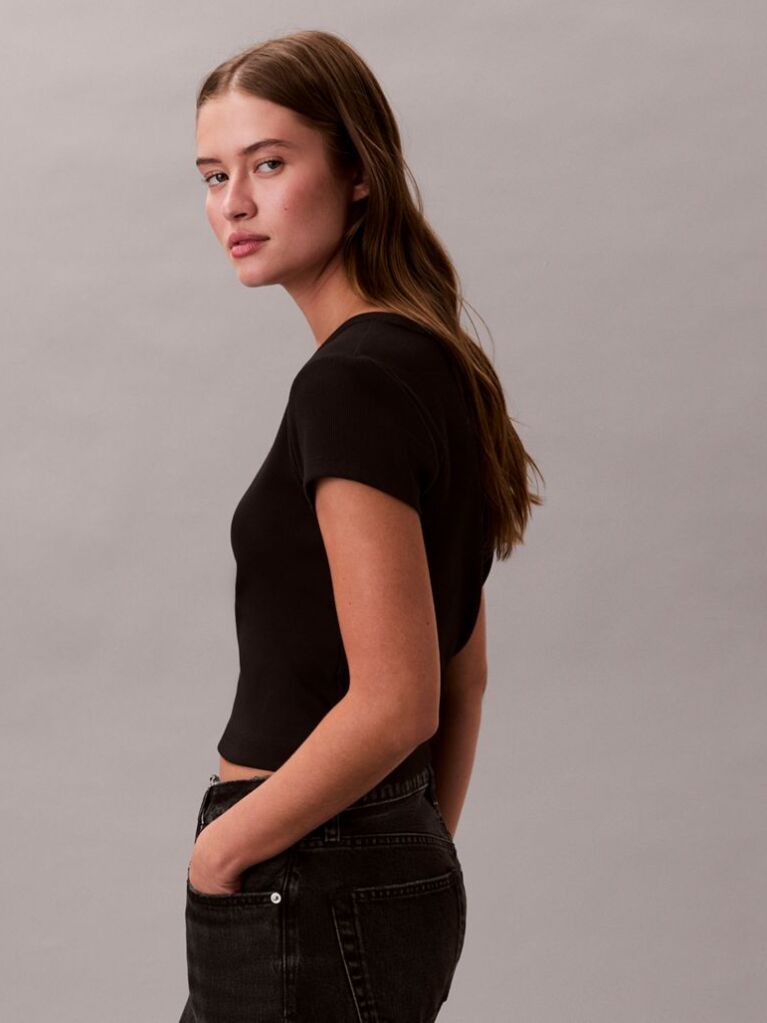 Negru Tricou Slim Din Bumbac Reiat Cu Emblema  Femei