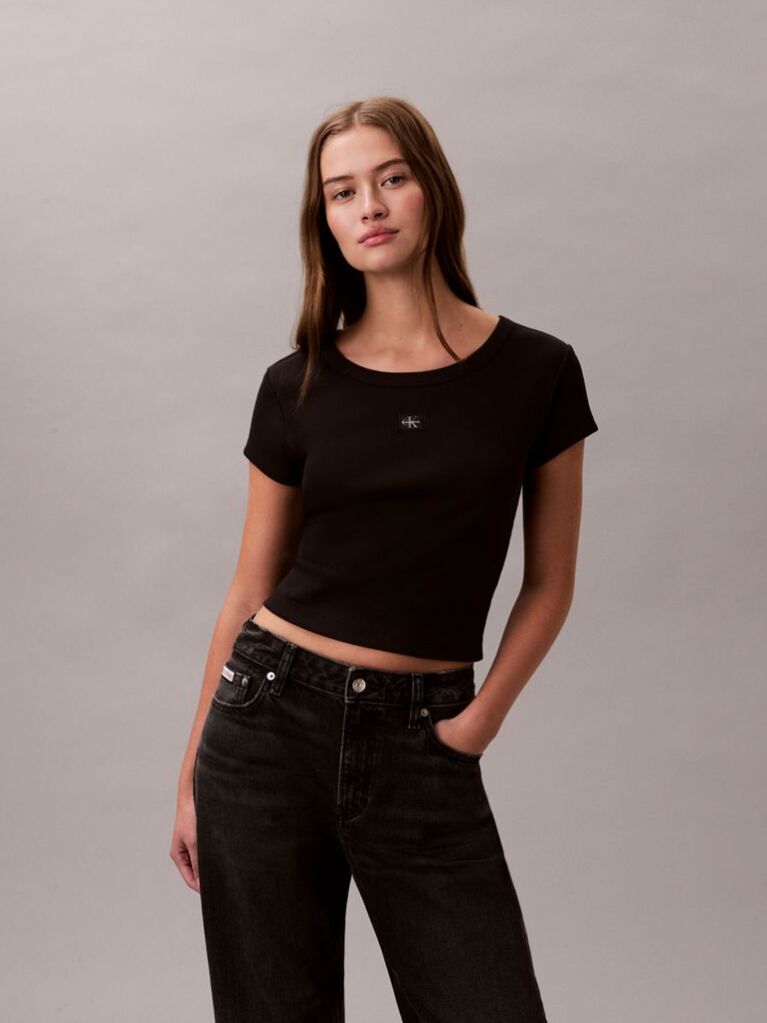 Negru Tricou Slim Din Bumbac Reiat Cu Emblema  Femei
