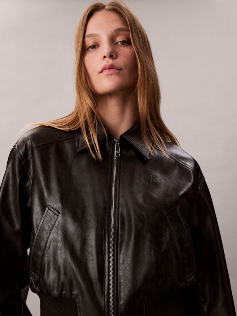 Black Cropped Faux Leather Bomber Jacket  Women