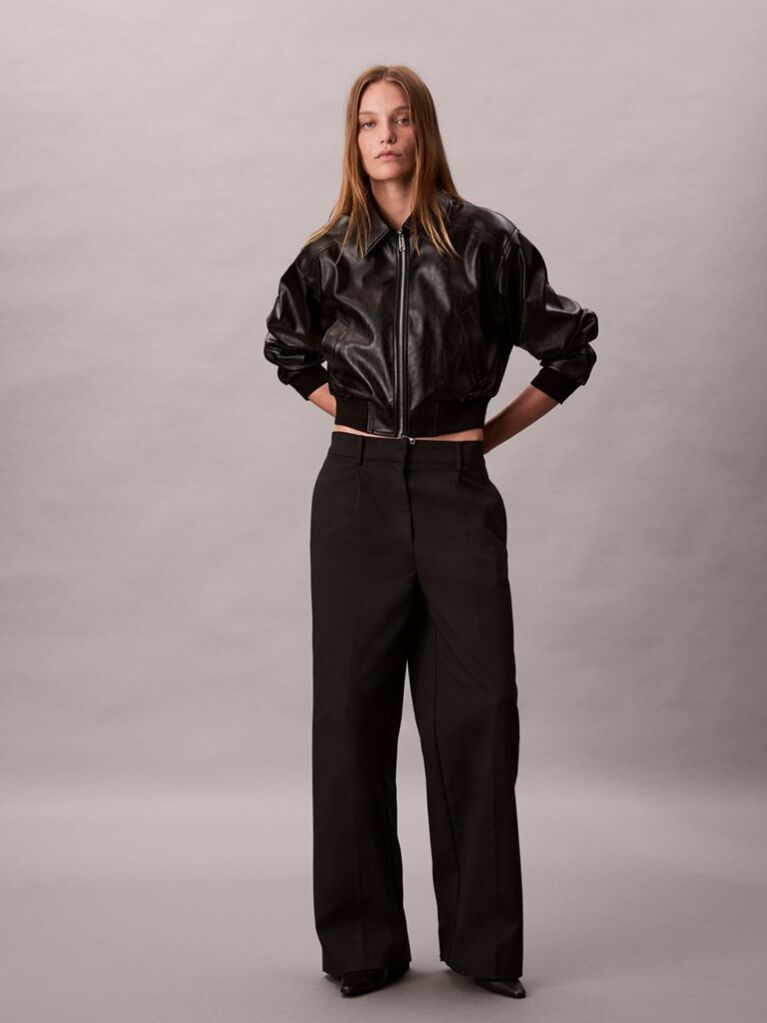 Black Cropped Faux Leather Bomber Jacket  Women