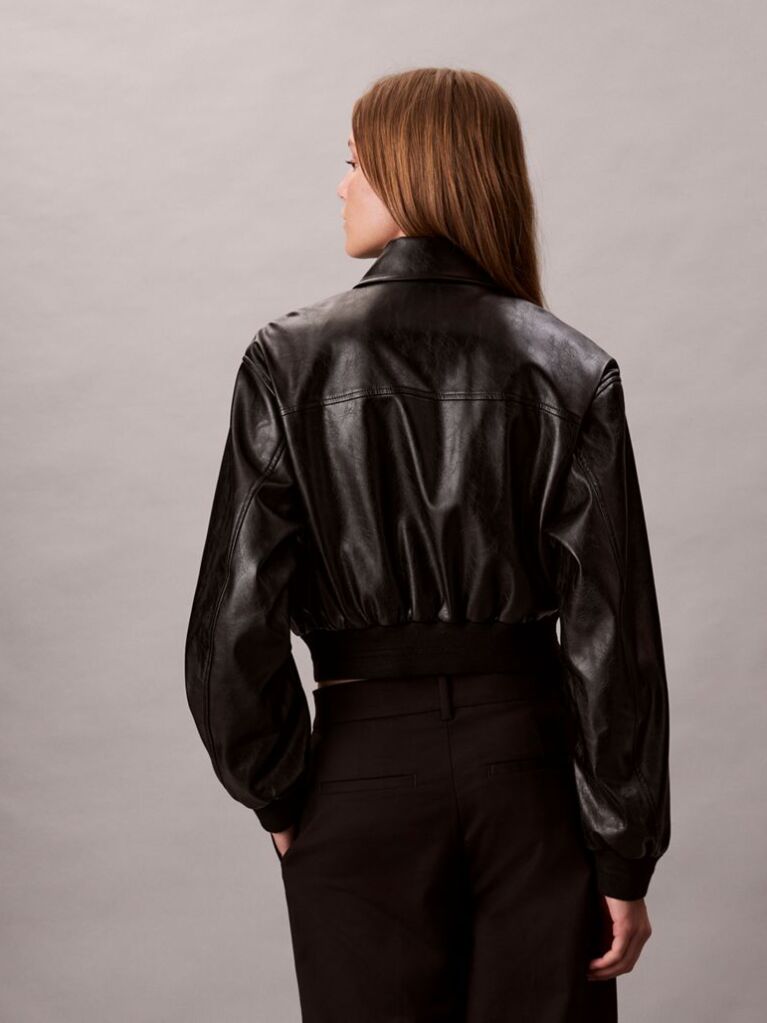 Black Cropped Faux Leather Bomber Jacket  Women
