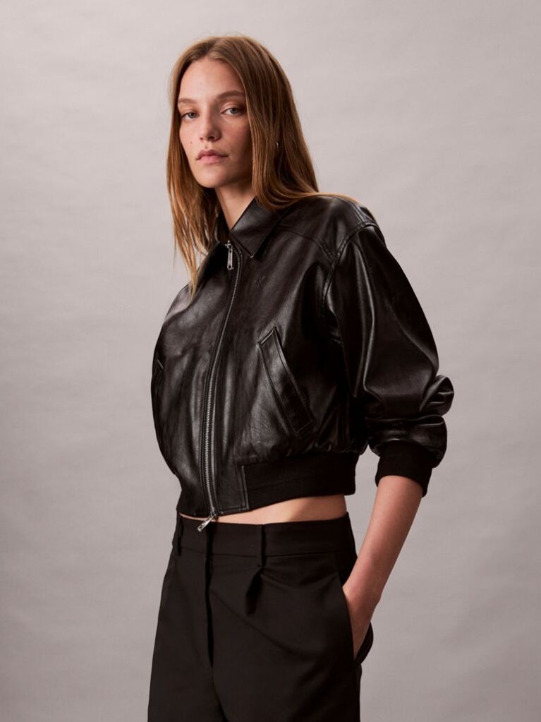 Black Cropped Faux Leather Bomber Jacket  Women