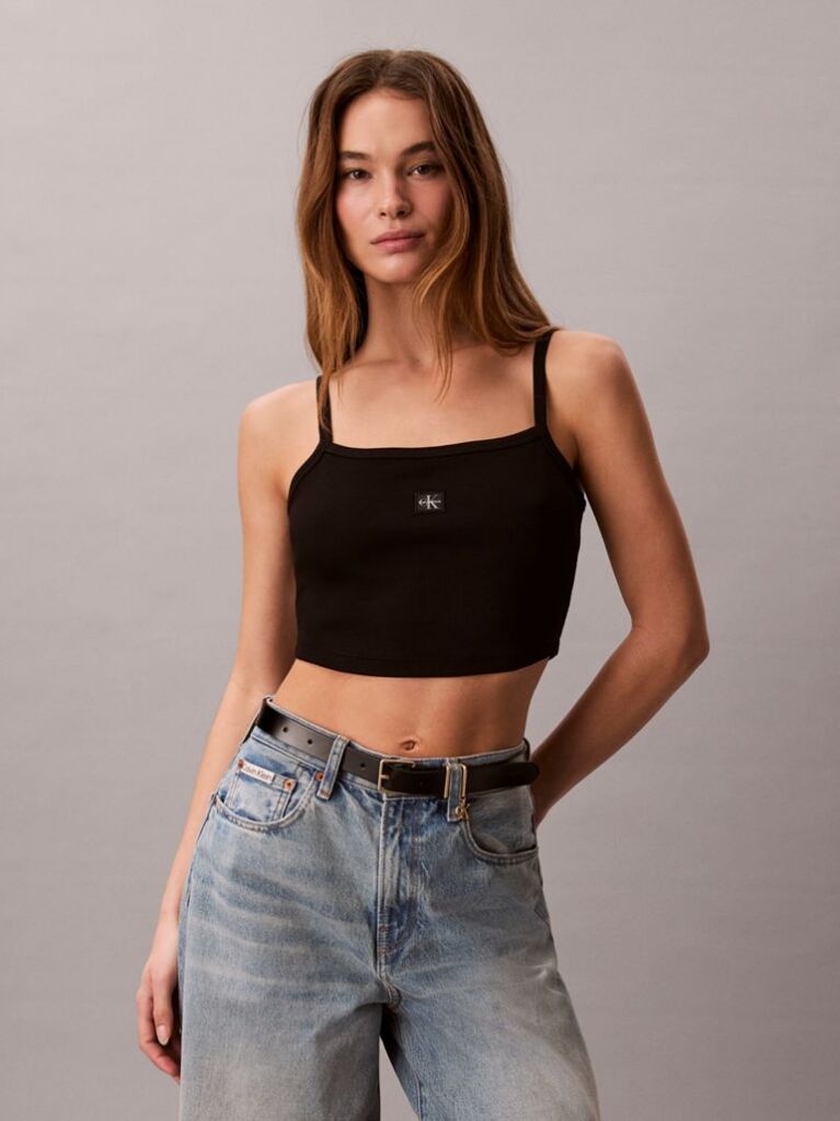 Negru Top Cami Scurt Din Bumbac Reiat  Femei