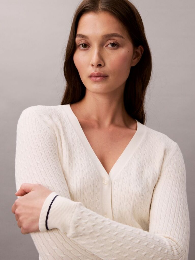 Alb Cardigan Slim Din Tricot Cu Model  Femei