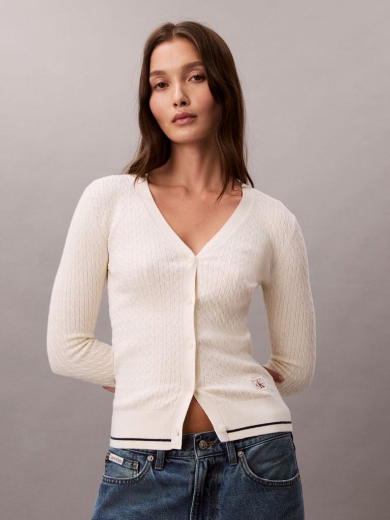 Alb Cardigan Slim Din Tricot Cu Model  Femei