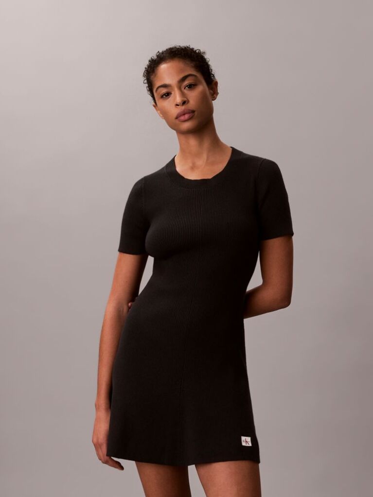 Negru Rochie Mini Evazata Din Bumbac Reiata  Femei