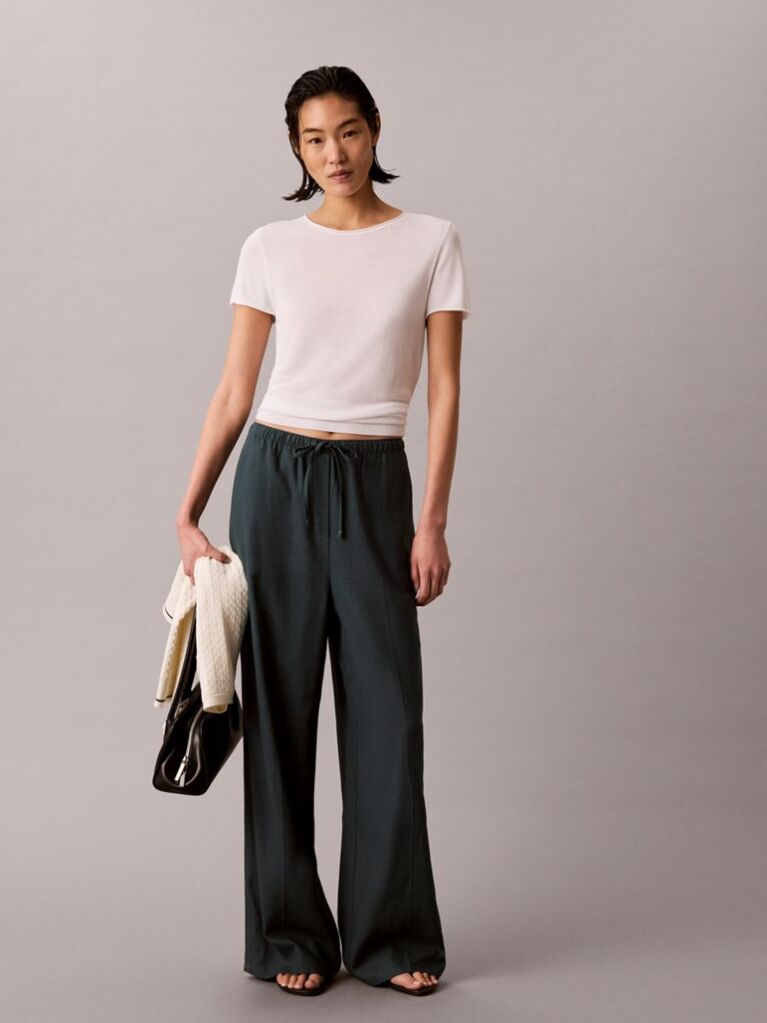 Blue Linen Blend Wide Leg Trousers  Women