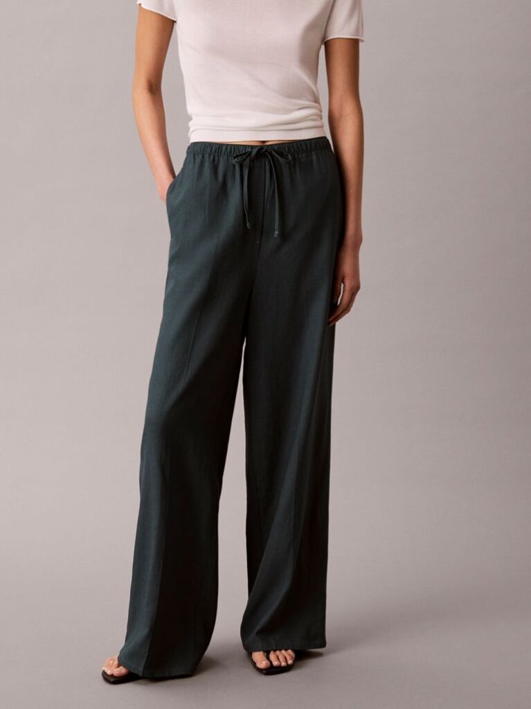 Blue Linen Blend Wide Leg Trousers  Women