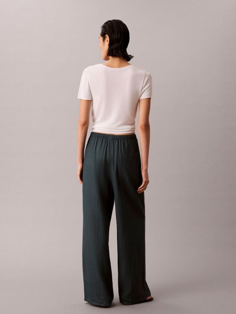 Blue Linen Blend Wide Leg Trousers  Women