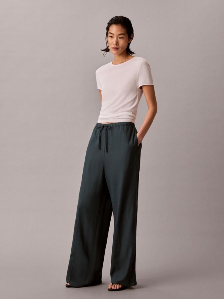 Blue Linen Blend Wide Leg Trousers  Women